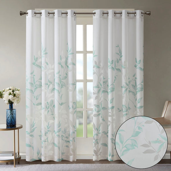 English Elm Burnout Botanical Curtain Panel Set - 2 Light Filtering Window Panels With Silver Grommets B035129676