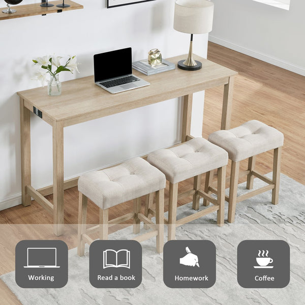 English Elm 4 Rustic Bar Table Set with Built-In Power, USB & Type-C, Water-Resistant Wood Grain Top, 59" L x 35.5" H Light Oak W1998P324485