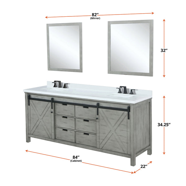 English Elm Ash Grey Double Bath Vanity 84" W x 22" D with White Quartz Top, Matte Black Faucets & 34" Mirrors B2731S01082