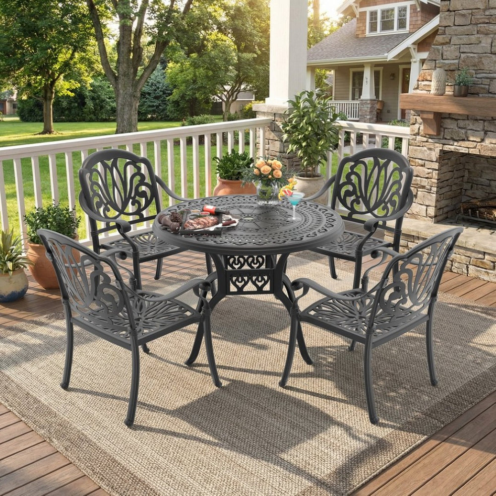 English Elm 5-piece Cast Aluminum Outdoor Dining Set with Carved Relief Chairs and Cushioned Seats W1710S00546