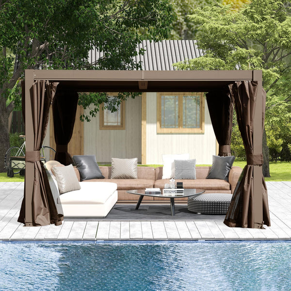 English Elm 10x10 Adjustable Louvered Pergola with Dual Tilt Roof, Integrated Gutter, Durable Aluminum Frame Brown W1859S00127