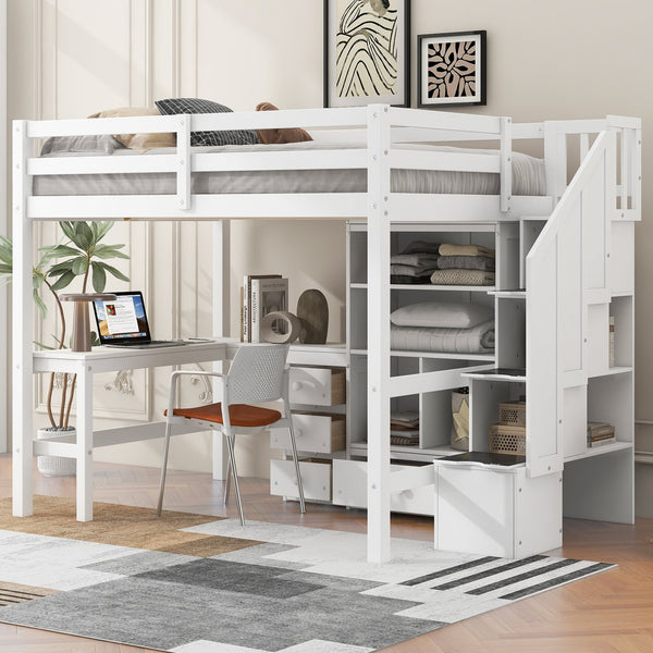 English Elm Full Full Size Loft Bed with L-Shaped Desk, Drawers, Cabinet and Staircase Storage for Space-Saving Rooms White GX000469AAK