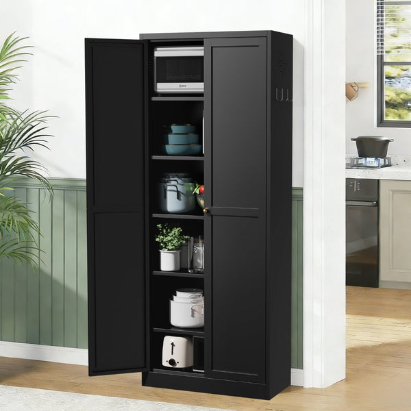 English Elm 61" Matte Black Steel Freestanding Pantry Cabinet with 4 Adjustable Shelves Modern Farmhouse T2398P465984