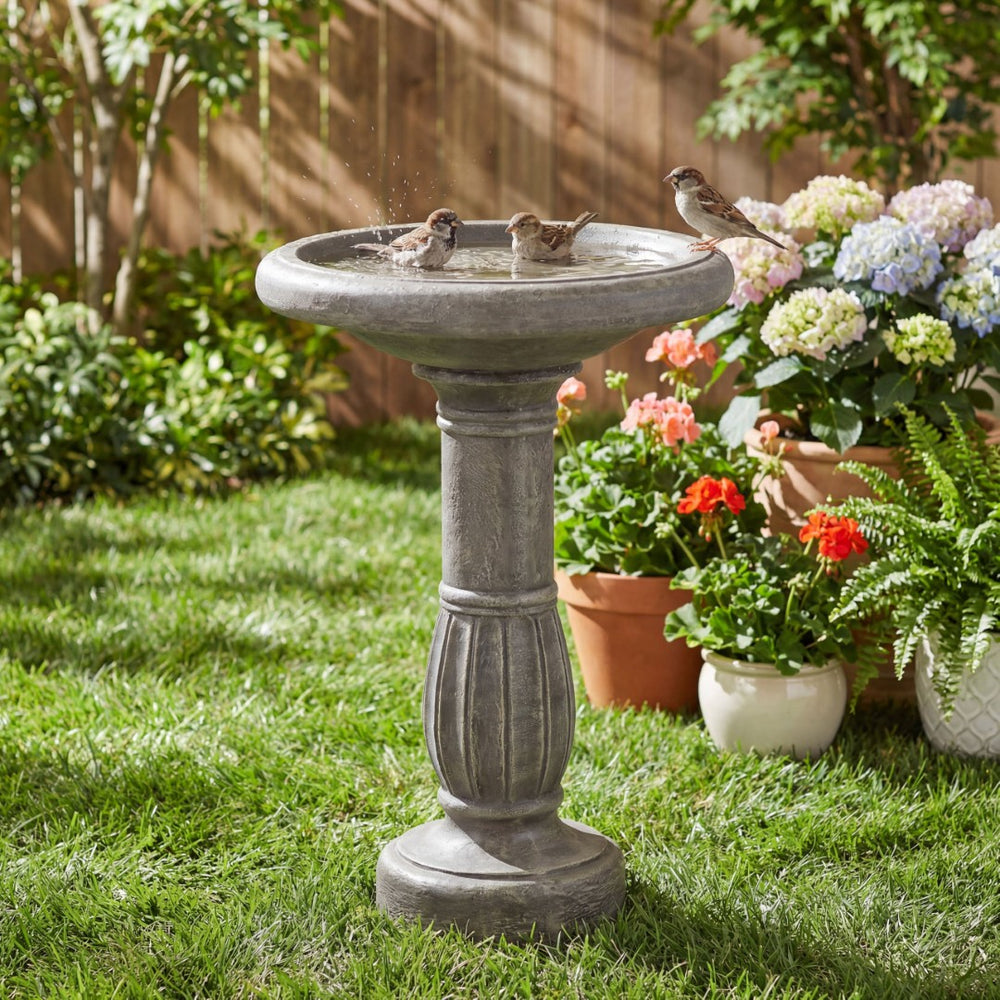 English Elm Polyresin Pedestal Birdbath Antique Gray Stone Look Outdoor Garden Accent 25 Inch N772P450049G