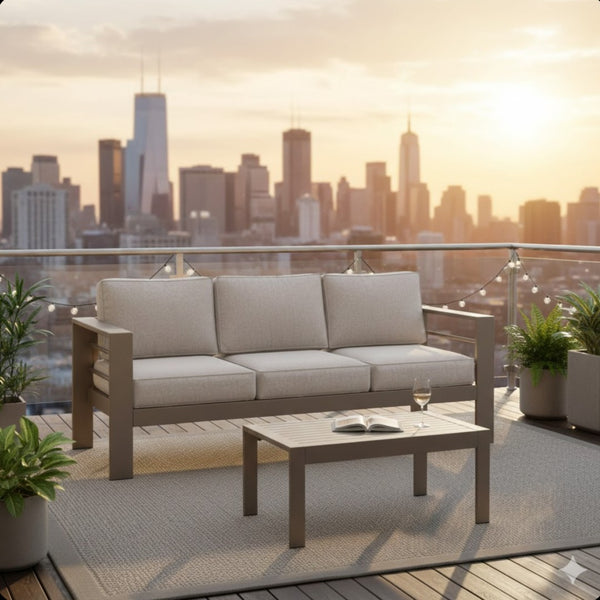 English Elm 2 Piece Outdoor Iron Patio Sofa Set with Thick Cushions and Wood Grain Coffee Table Light Khaki+Beige B082P455115