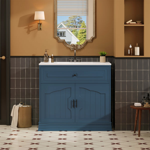 English Elm 36" Luxurious Bathroom Vanity with Ceramic Sink and Soft-Close Doors, Solid Wood Frame, Adjustable Shelves Blue N710P288944C