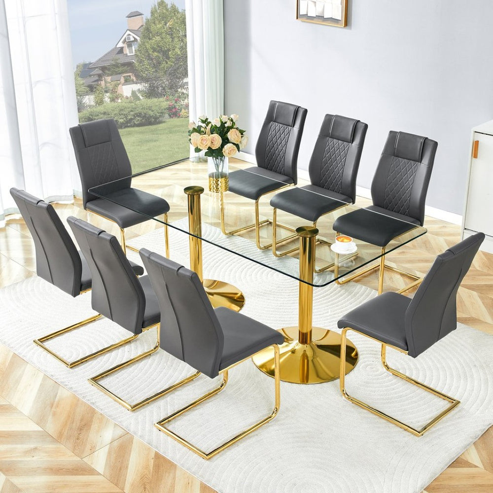 English Elm Table and Chair Set 8 Seater Tempered Glass Top with Pu Leather Dining Room Furniture Dark Gray,Gold,Transparent W1151S04563