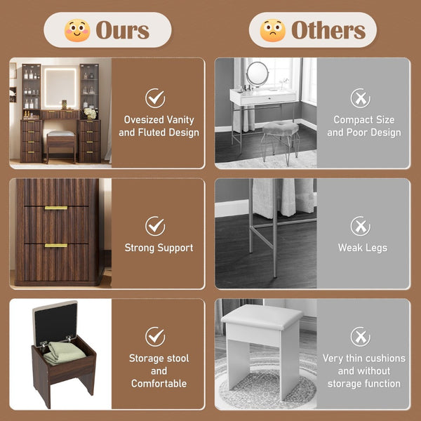 English Elm 43.5" Fluted Makeup Vanity with Led Mirror Glass Top Gold Hardware and Storage Stool Brown N704G202305P