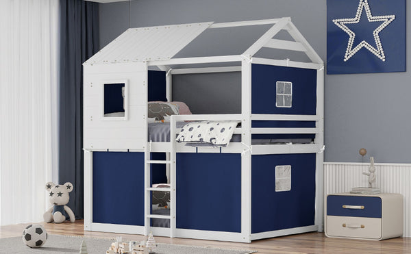English Elm Full Size Kids Playhouse Bunk Bed Pinewood Frame with Tent Roof and Window Cutouts Blue LT000380AAC-1