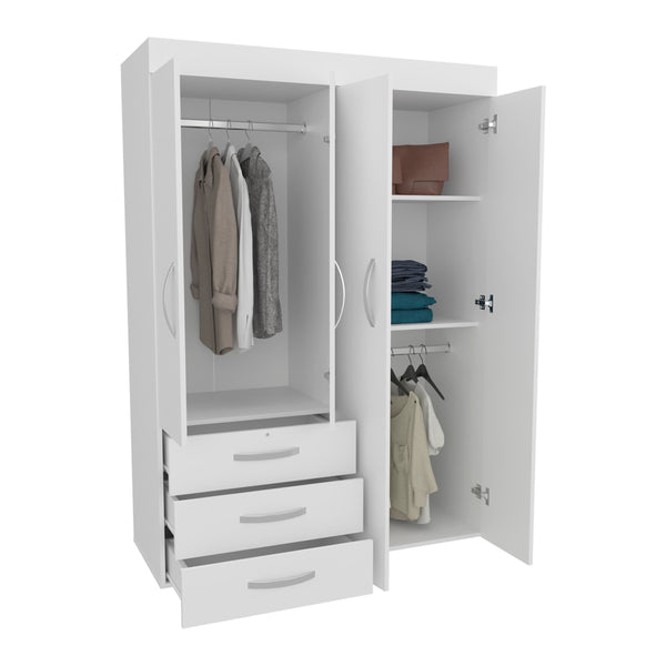 English Elm Denver Adjustable Armoire with Rods & Removable Shelves, Double Doors, 3 Drawers, Sleek White Finish B200S00425