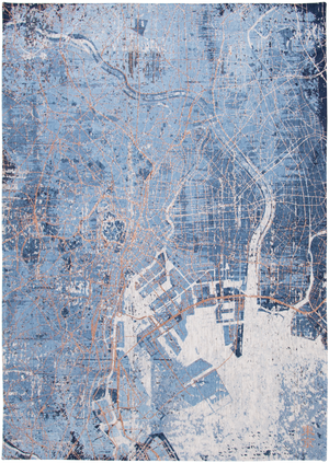 Louis de Pootere Cities Tokyo 100% PET Poly Mechanically Woven Jacquard Flatweave Abstract Rug Conductive Blue 7'10"