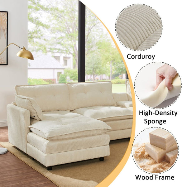 English Elm 154" Corduroy U-shaped Sectional with Ottomans Six Seat Modular Cloud Sofa Usb Console Beige W1998S00101