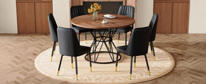 English Elm Table and Chair Set Round Walnut Mdf Dining with Six Two-tone Pu Seats Gold Legs Walnut+Black W1151S04838