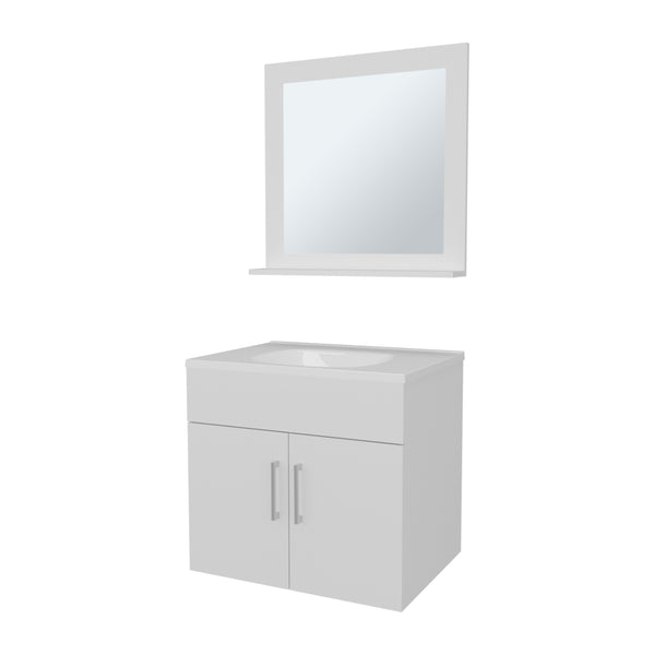 English Elm Slater Floating Bathroom Vanity Set with Sink and Mirror Shelf, Space-Saving 24" White Cabinet B128P314805