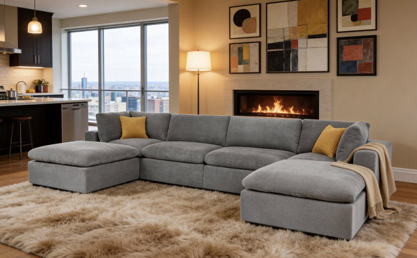 English Elm Modular Cloud Sectional Sofa Deep Seat U-shape Design for Large Living Rooms Light Grey W5568S00007