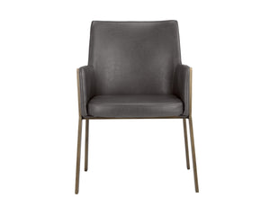 Sunpan Bernadette Dining Armchair – Elegant Design with Antique Brass Frame and Durable Faux Leather Upholstery Kendall Grey