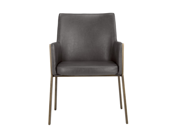 Sunpan Bernadette Dining Armchair – Elegant Design with Antique Brass Frame and Durable Faux Leather Upholstery Kendall Grey