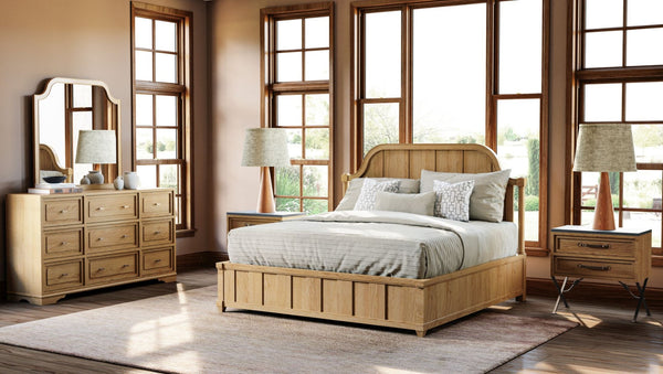 English Elm Queen Upholstered Headboard Bed Walnut Veneer Frame Transitional Bedroom Furniture Tan B2699S00115