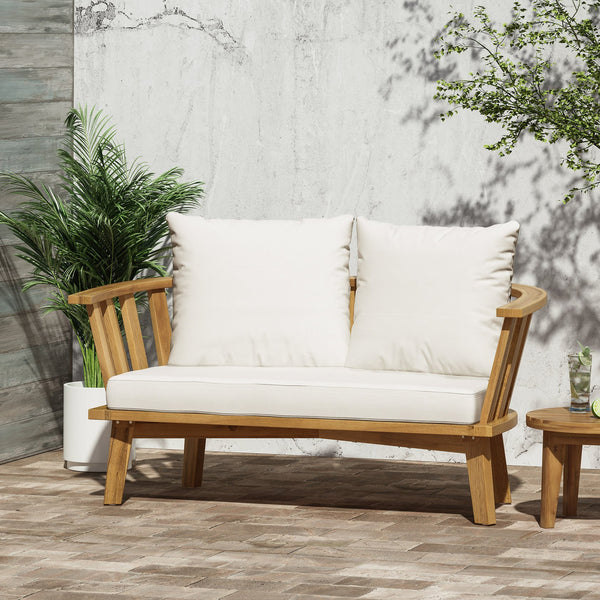 English Elm Christopher Knight Home® - Outdoor Wooden Loveseat with Teak Finish & White Water-Resistant Cushions, Acacia Frame, 2-Seat Durable Comfort (55.5" W) 70334.00WHI