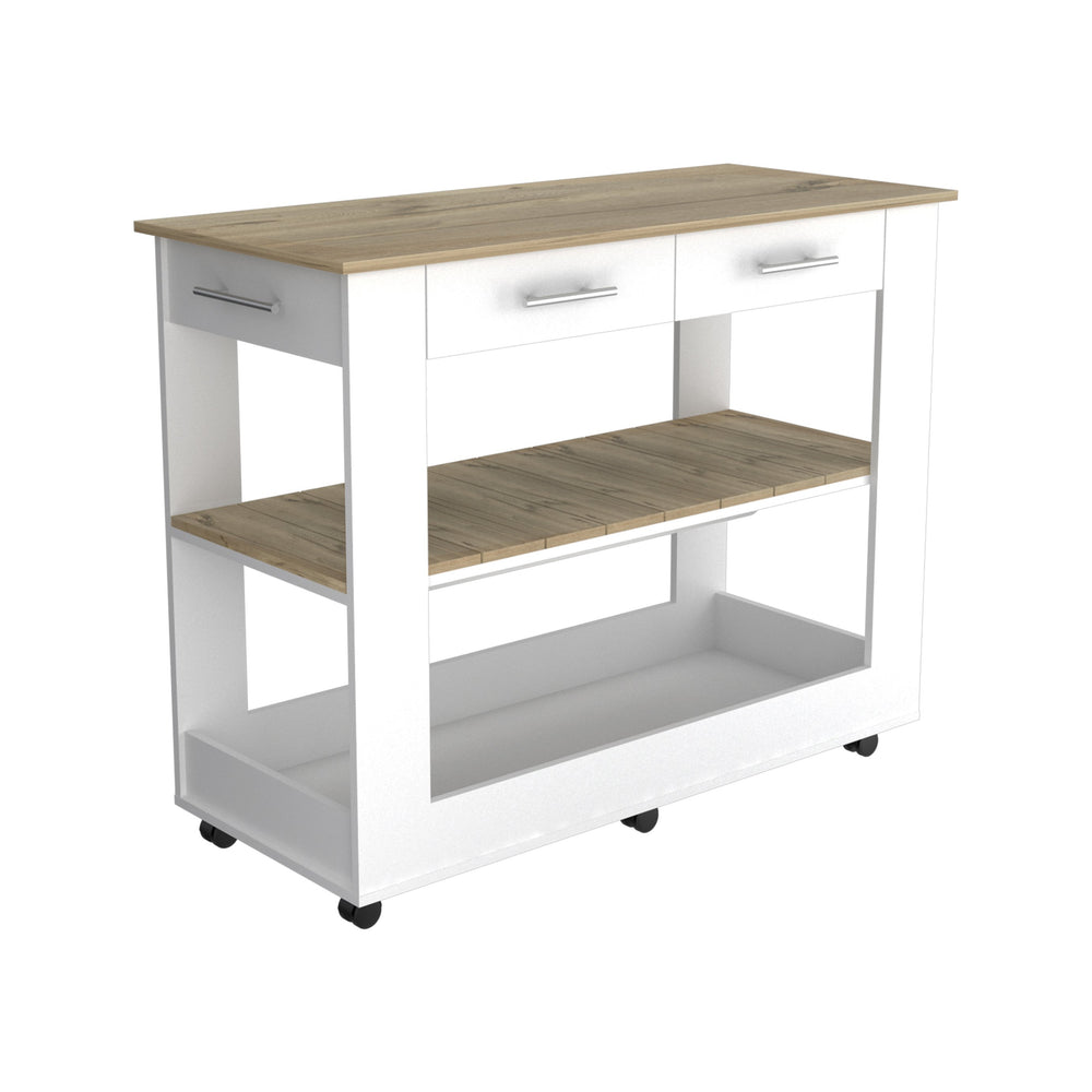 English Elm Cala Kitchen Island With Six Casters, Two Drawers & Open Shelving - Modern White & Light Oak Design B20092031