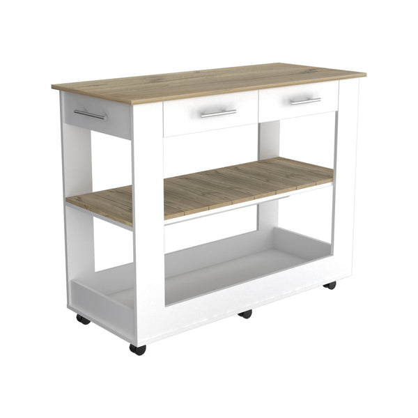 English Elm Cala Kitchen Island With Six Casters, Two Drawers & Open Shelving - Modern White & Light Oak Design B20092031