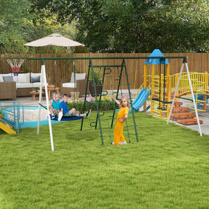 English Elm Outsunny Heavy Duty Steel Backyard Playset with Saucer Swing Slide and Climbing Net W2225P217339