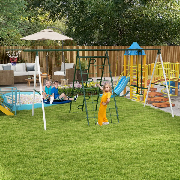 English Elm Outsunny Heavy Duty Steel Backyard Playset with Saucer Swing Slide and Climbing Net W2225P217339