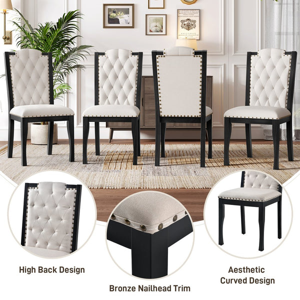 English Elm Upholstered High-Back Dining Chairs Set of 4 with Diamond Tufting, Nailhead Trim & Solid Wood Legs, Durable Comfort for Kitchen, Dining Room, Restaurant Seating Beige+Black N752P331360B
