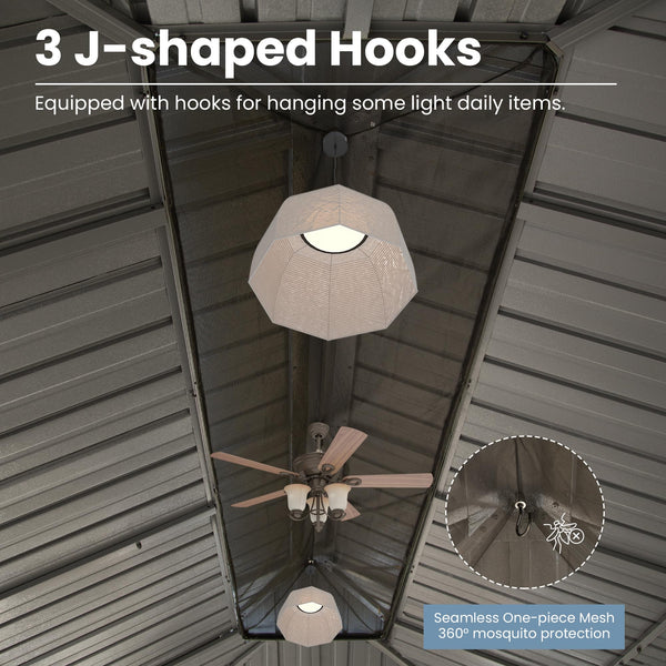 English Elm 14' X 22' Hardtop Gazebo with Drainage System, Dual-Layer Galvanized Roof, Curtains & Mesh Protection Grey W1859S00153