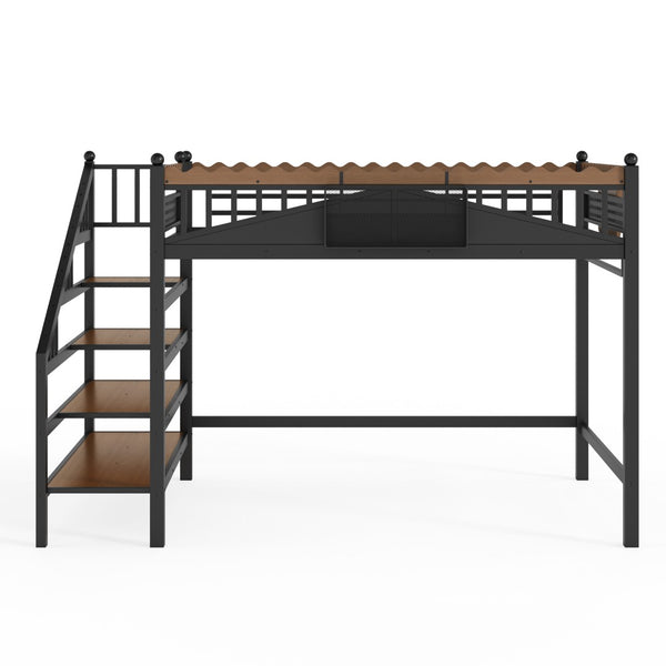 English Elm Twin Xl Metal Loft Bed with Stair Storage Shelves Sturdy Steel Frame for Dorms W1580S00379