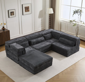 English Elm Compression Mahjong Sofa - Oversized Modular Floor Bed With Ottoman, No Assembly, Soft Fleece Fabric W3723S00037