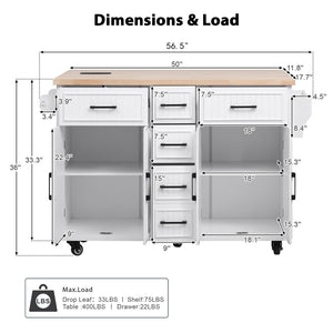 English Elm K&k Farmhouse Rolling Kitchen Island Drop Leaf Power Outlet Five Drawers Cabinet Storage White N707S263094W