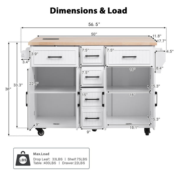 English Elm K&k Farmhouse Rolling Kitchen Island Drop Leaf Power Outlet Five Drawers Cabinet Storage White N707S263094W