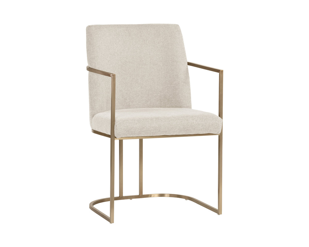 Sunpan Rayla Dining Armchair - Elegant Cantilever Design with Antique Brass Frame for Stylish Interiors Belfast Oatmeal