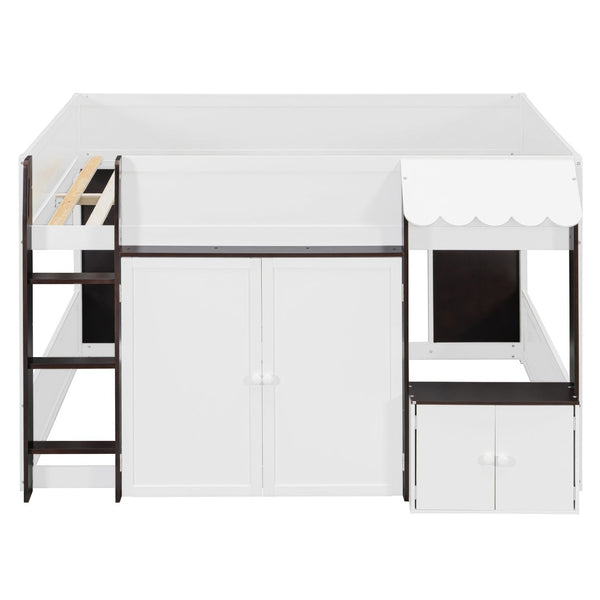 English Elm Twin House Loft Bed with Pull Out Rolling Desk Stair Drawers and Cabinet Storage Espresso+White N820S00074P