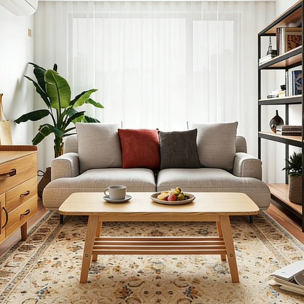 English Elm 39 Inch Solid Wood Coffee Table with Dual Open Shelves for Living Room Storage W2920P407664