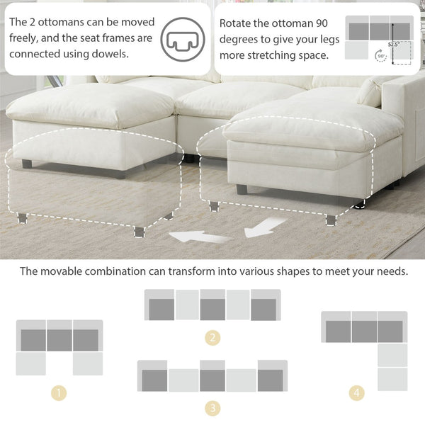 English Elm [video]86.5'' Chenille U-shaped Sectional with Dual Ottomans and Storage Pockets for Living Rooms White N723S7723A