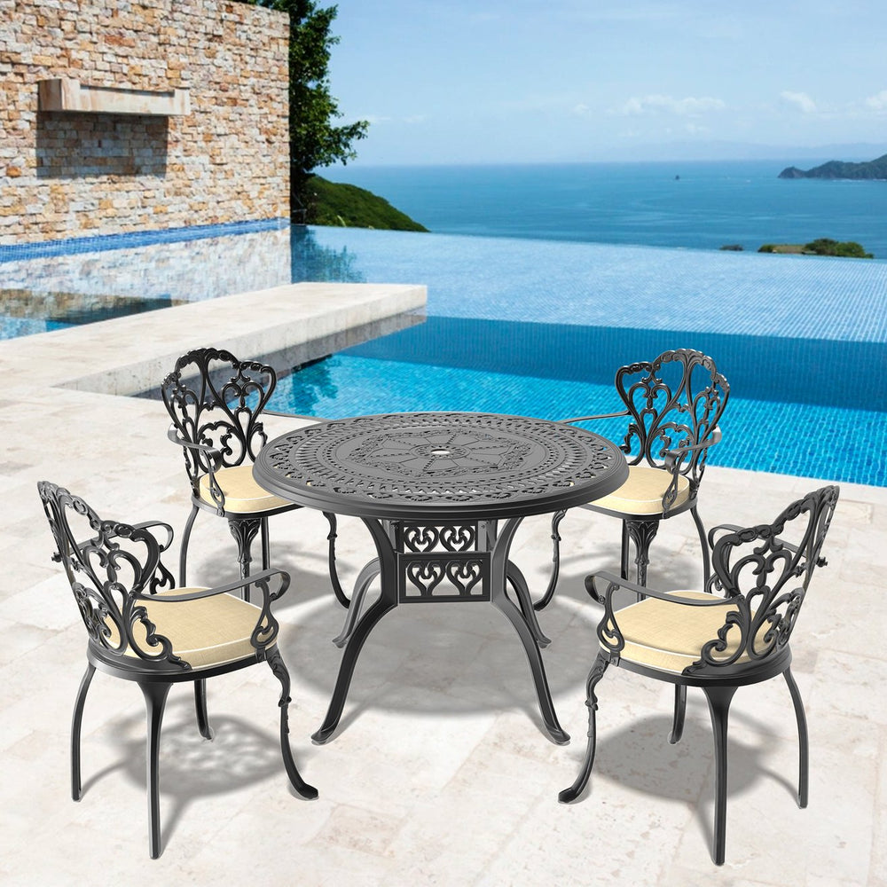 English Elm 5-Piece Cast Aluminum Patio Furniture Set With Plush Off-White Cushions For Elegant Outdoor Dining W1710S00066