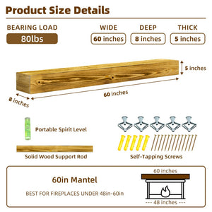 English Elm 60" Solid Pine Floating Mantel Shelf with Concealed Brackets for Rustic Living Rooms Natural Wood+Brown W3204P429120