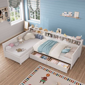 English Elm Twin Corner Daybed with Storage Drawers Bookshelf Wood L-shape Frame for Small Rooms White N733S369272K