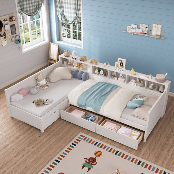English Elm Twin Corner Daybed with Storage Drawers Bookshelf Wood L-shape Frame for Small Rooms White N733S369272K