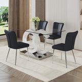 English Elm 1 Table and 4 Chairs Set.63"X35.4 Rectangular Transprant Tempered Glass Dining Tabletop With White Mdf Oc Shaped Bracket.Paired With 4 Black Pu Chairs With A Vertical Stripe Design On The Backrest.