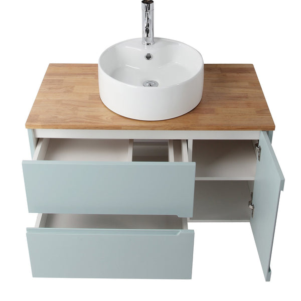 English Elm 36-Inch Wall-Mounted Bathroom Vanity With Blue Cabinet, Natural Wood Top & Round Ceramic Sink Design W3151S00011