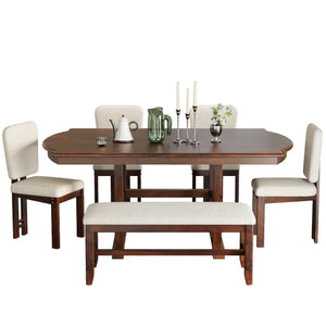 English Elm TOPMAX Solid Wood Extendable Dining Set with 18" Removable Leaf, Bench & 4 Upholstered Chairs, Espresso SP000090AAP