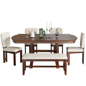 English Elm Topmax Extendable Rubberwood Dining Set Trestle Table Bench Four Upholstered Chairs N717S000090P