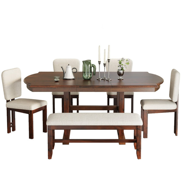 English Elm Topmax Extendable Rubberwood Dining Set Trestle Table Bench Four Upholstered Chairs N717S000090P