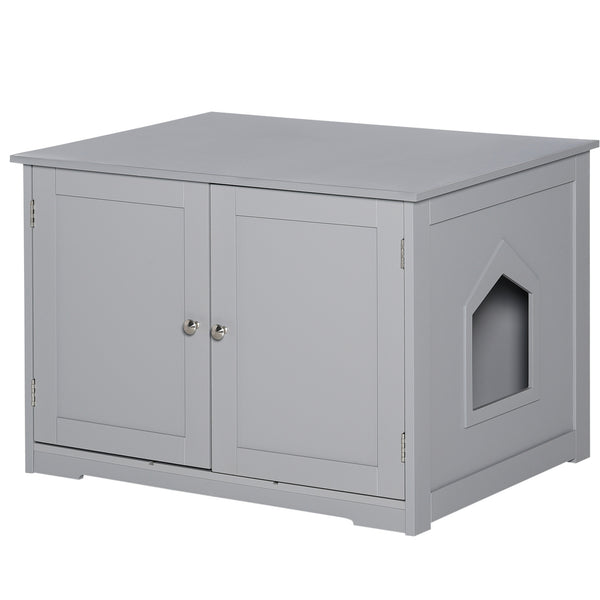 English Elm PawHut Modern Cat Litter Box Cabinet with Adjustable Partition, End Table, Hidden Storage, Dark Gray W2225P217304