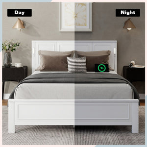 English Elm Queen Pinewood Platform Bed Farmhouse Tall Panel Headboard with Led Lighting and Usb Ports White W504P391091