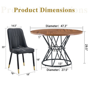 English Elm Table and Chair Set Round Walnut Mdf Dining with Six Two-tone Pu Seats Gold Legs Walnut+Black W1151S04838