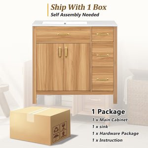 English Elm 36" Wood Bathroom Vanity with Solid Frame, Gold Handles, 3 Soft-Close Drawers & 2 Doors, Spacious Countertop N729P204176N